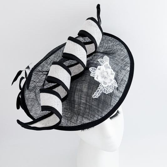 Black white large disc saucer feather fascinator hat