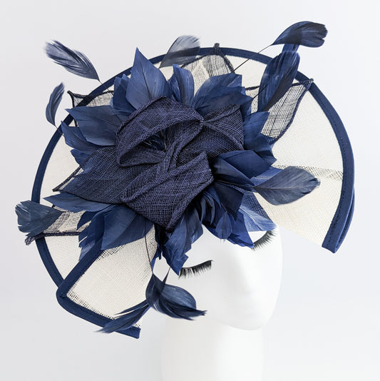 Navy ivory large feather fascinator hat