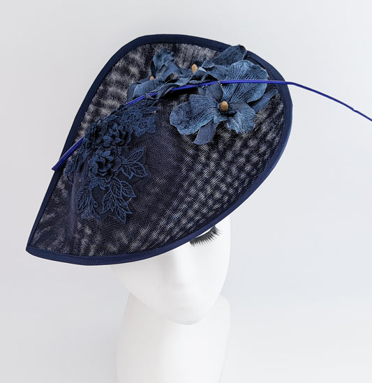 Navy blue large teardrop flower fascinator hat
