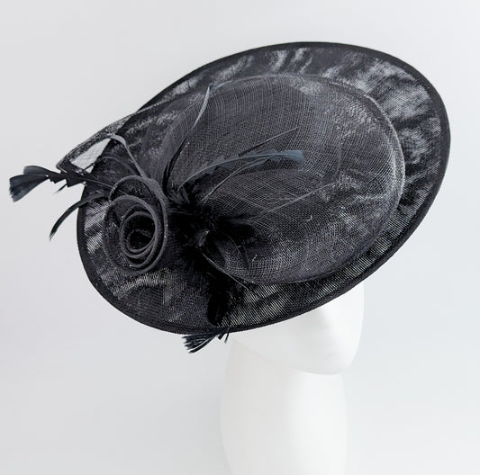 Black large disc saucer feather fascinator hat