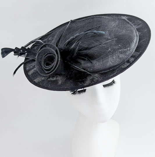 Black large disc saucer feather fascinator hat