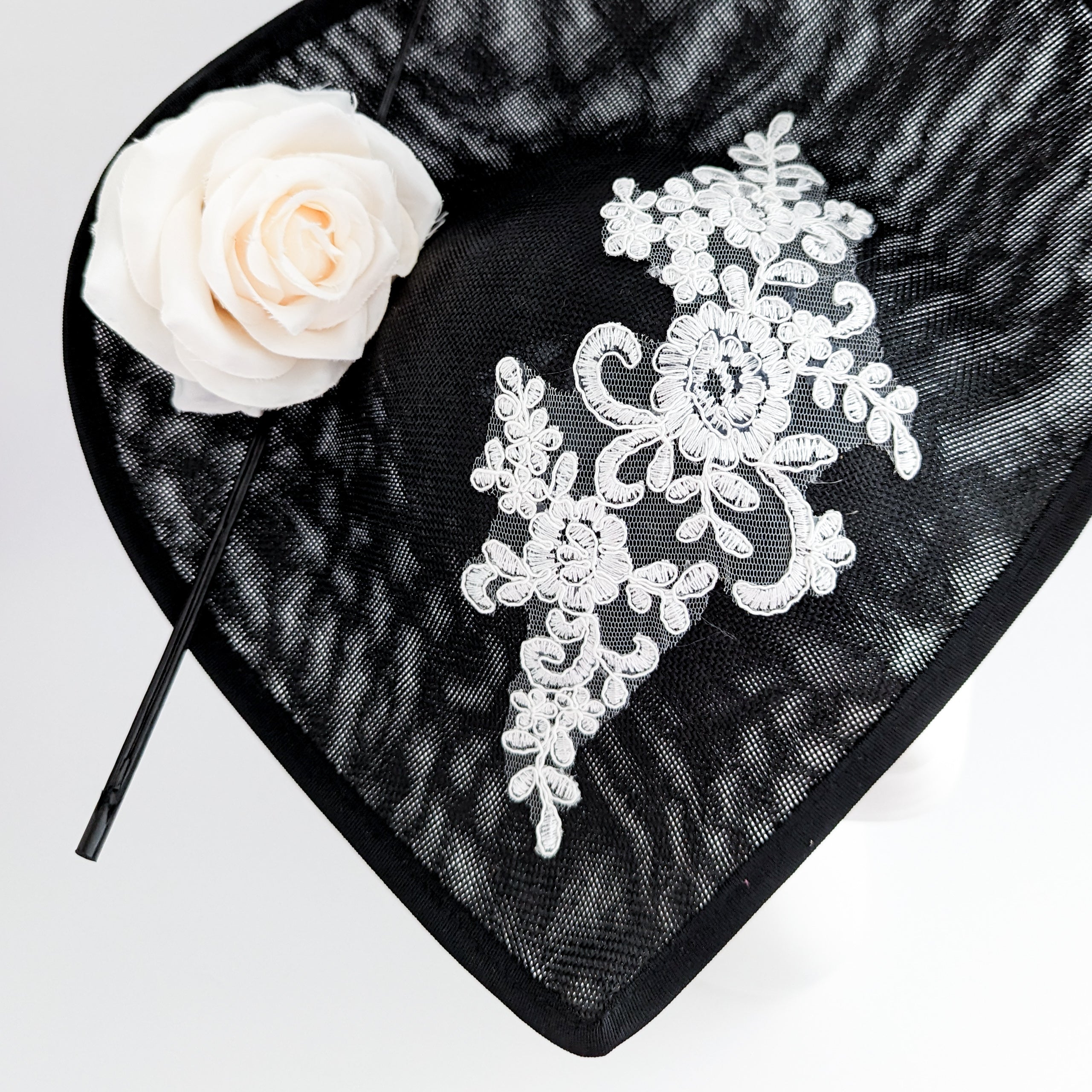 Black white large teardrop rose flower fascinator hat