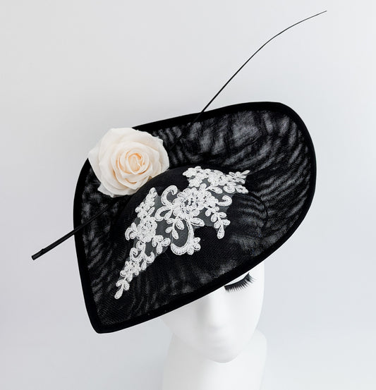 Black white large teardrop rose flower fascinator hat