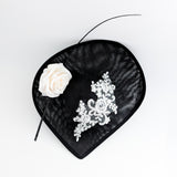Black white large teardrop rose flower fascinator hat Black white large teardrop rose flower fascinator hat