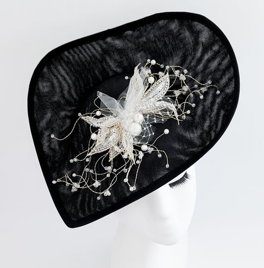 Black large teardrop crystal fascinator hat