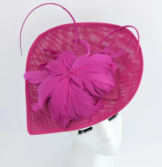 Fuchsia large teardrop feather fascinator hat House of Hats