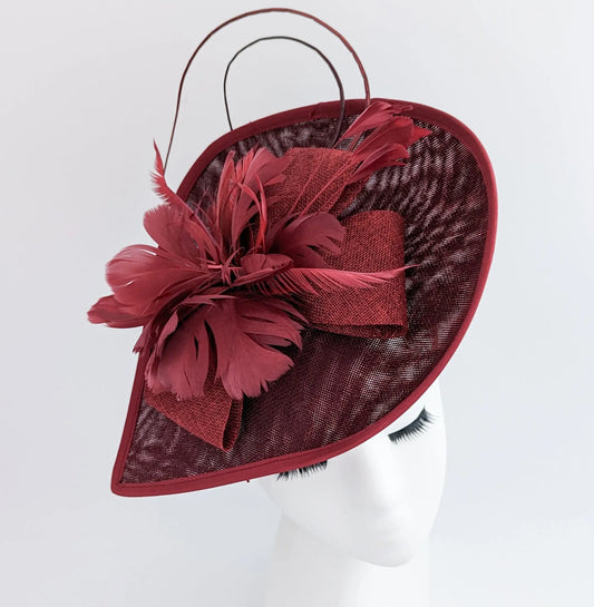 Burgundy large teardrop feather fascinator hat House of Hats