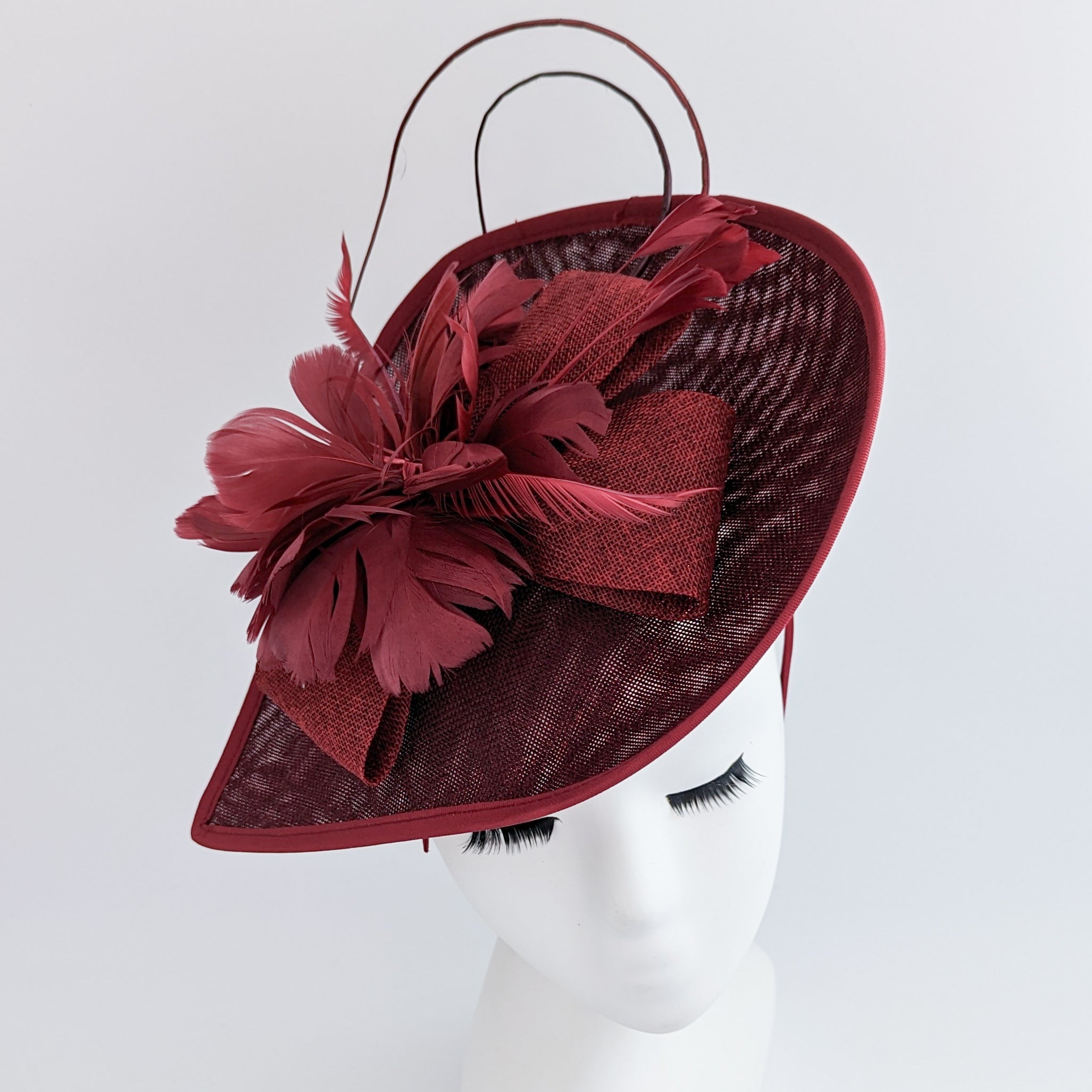 Burgundy large teardrop feather fascinator hat