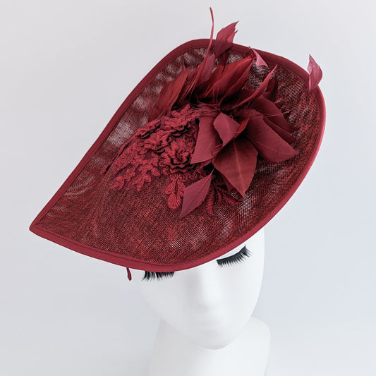 Burgundy large teardrop feather fascinator hat