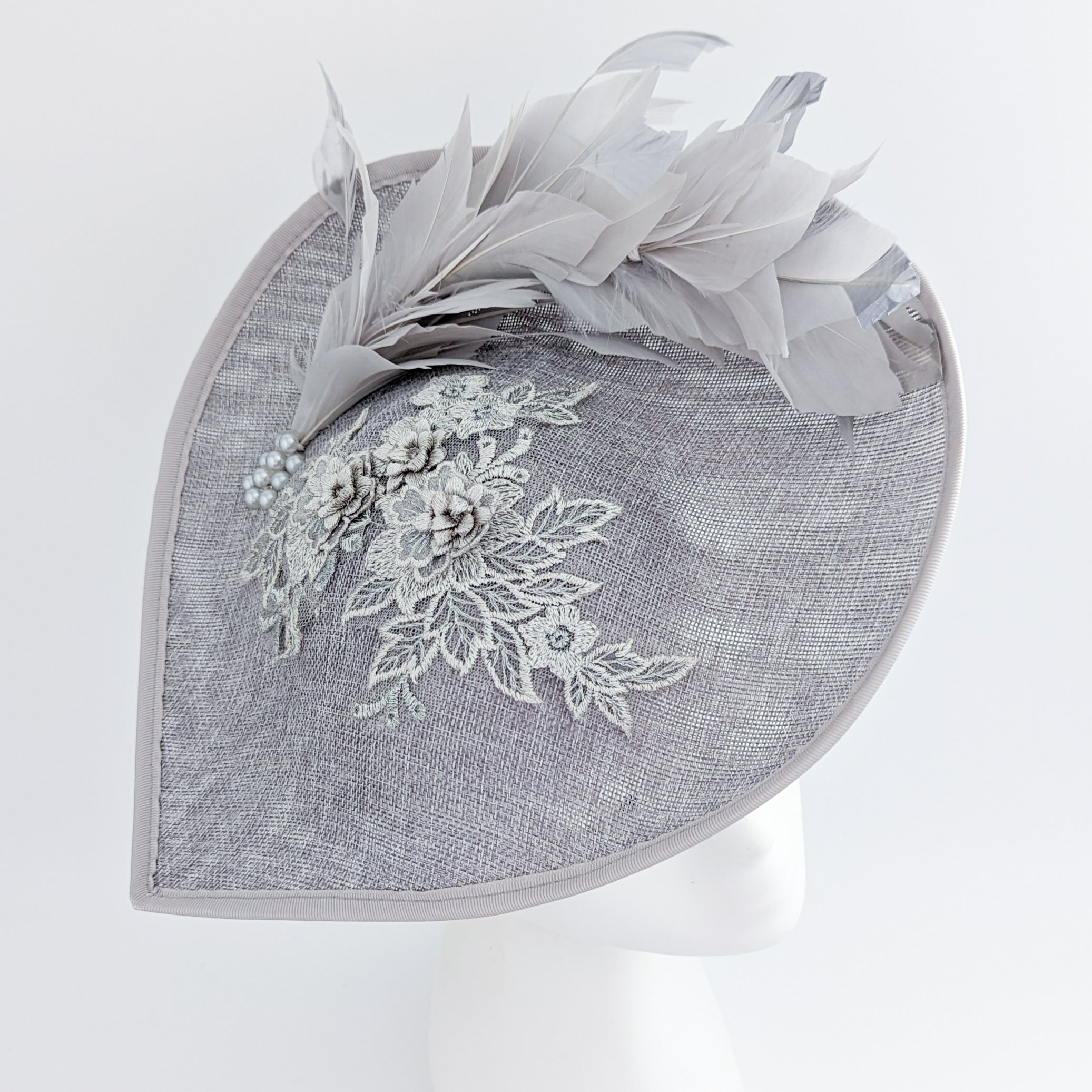 Grey large teardrop feather fascinator hat