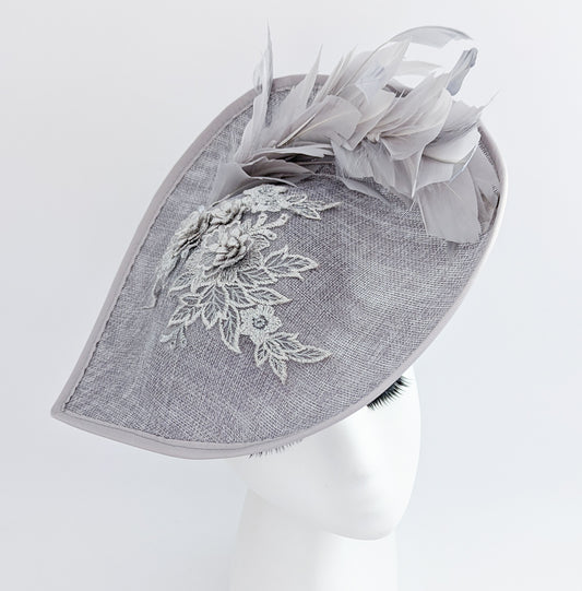 Grey large teardrop feather fascinator hat