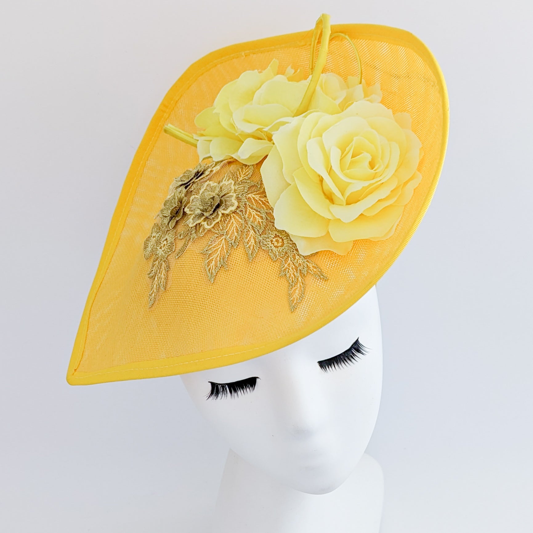 Yellow large teardrop rose flower fascinator hat