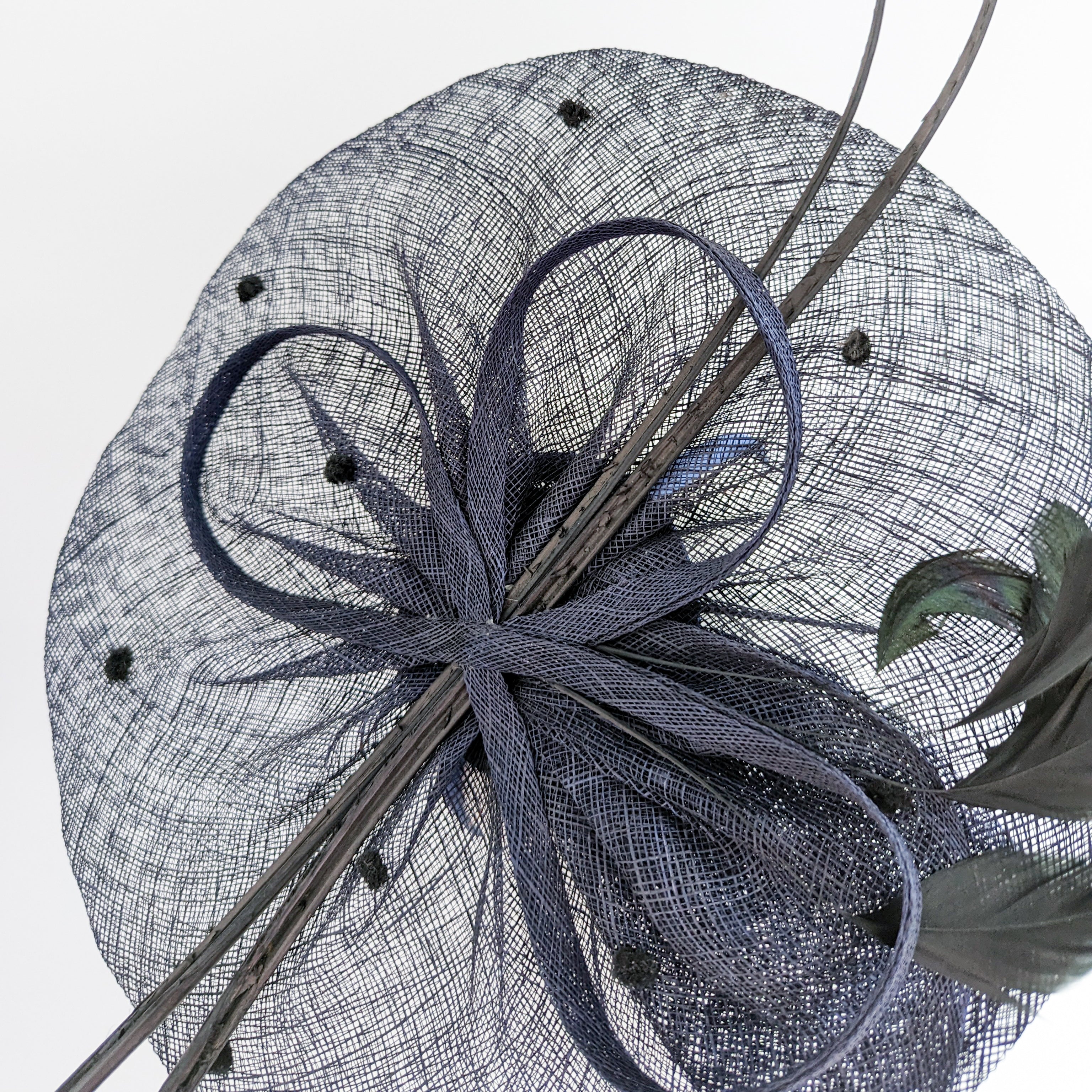 Navy blue large feather polka dot saucer disc fascinator hat Navy blue large feather polka dot saucer disc fascinator hat