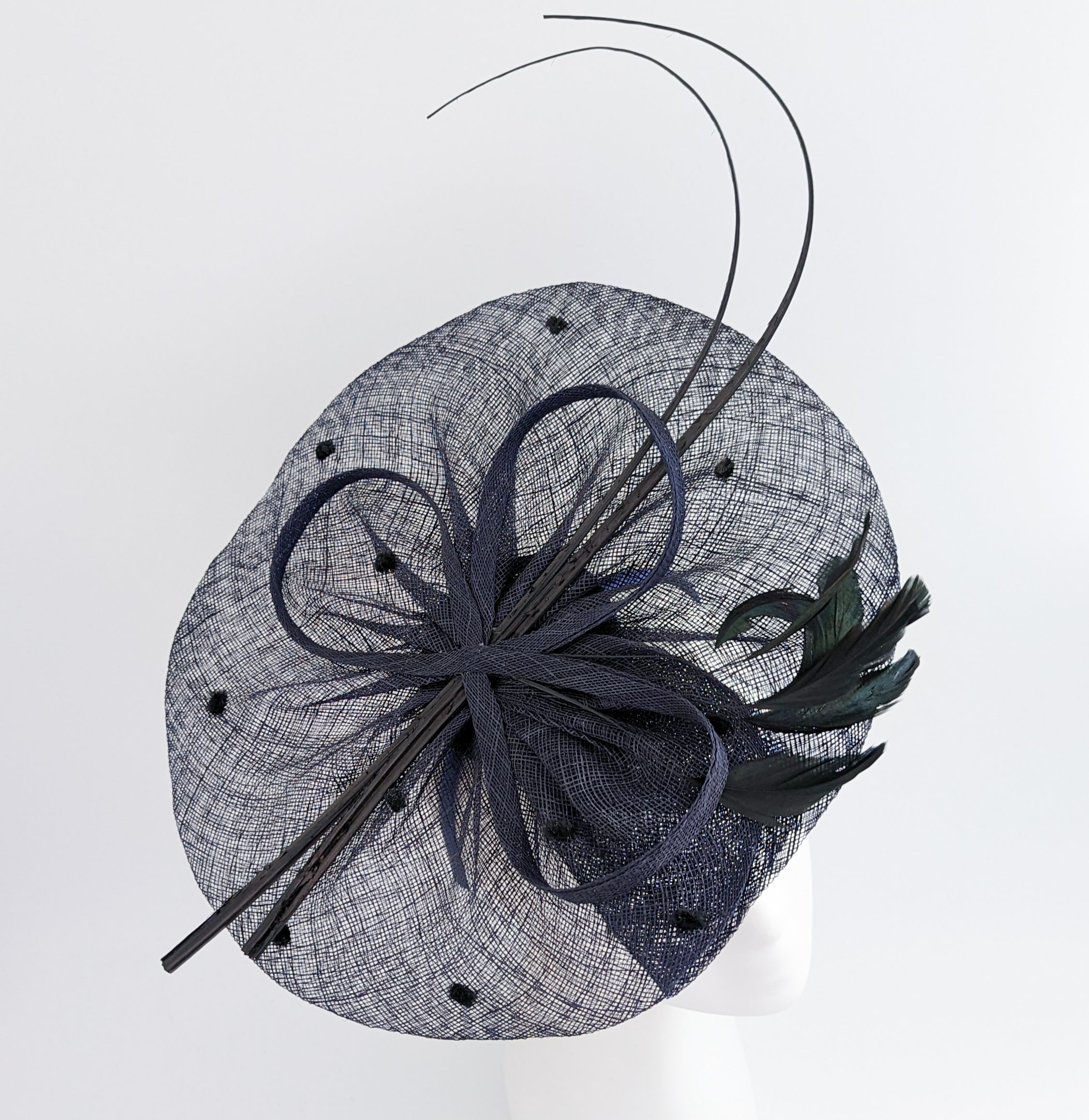 Navy blue large feather polka dot saucer disc fascinator hat Navy blue large feather polka dot saucer disc fascinator hat