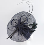 Navy blue large feather polka dot saucer disc fascinator hat Navy blue large feather polka dot saucer disc fascinator hat