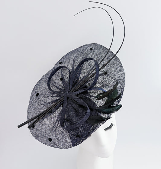 Navy blue large feather polka dot saucer disc fascinator hat