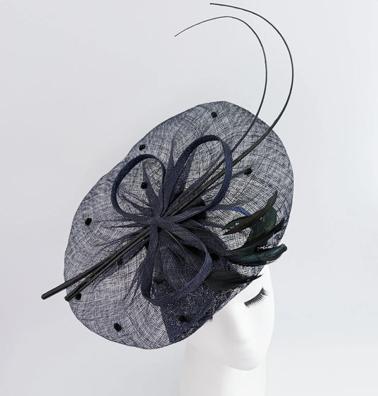 Navy blue large feather polka dot saucer disc fascinator hat House of Hats
