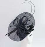 Navy blue large feather polka dot saucer disc fascinator hat Navy blue large feather polka dot saucer disc fascinator hat