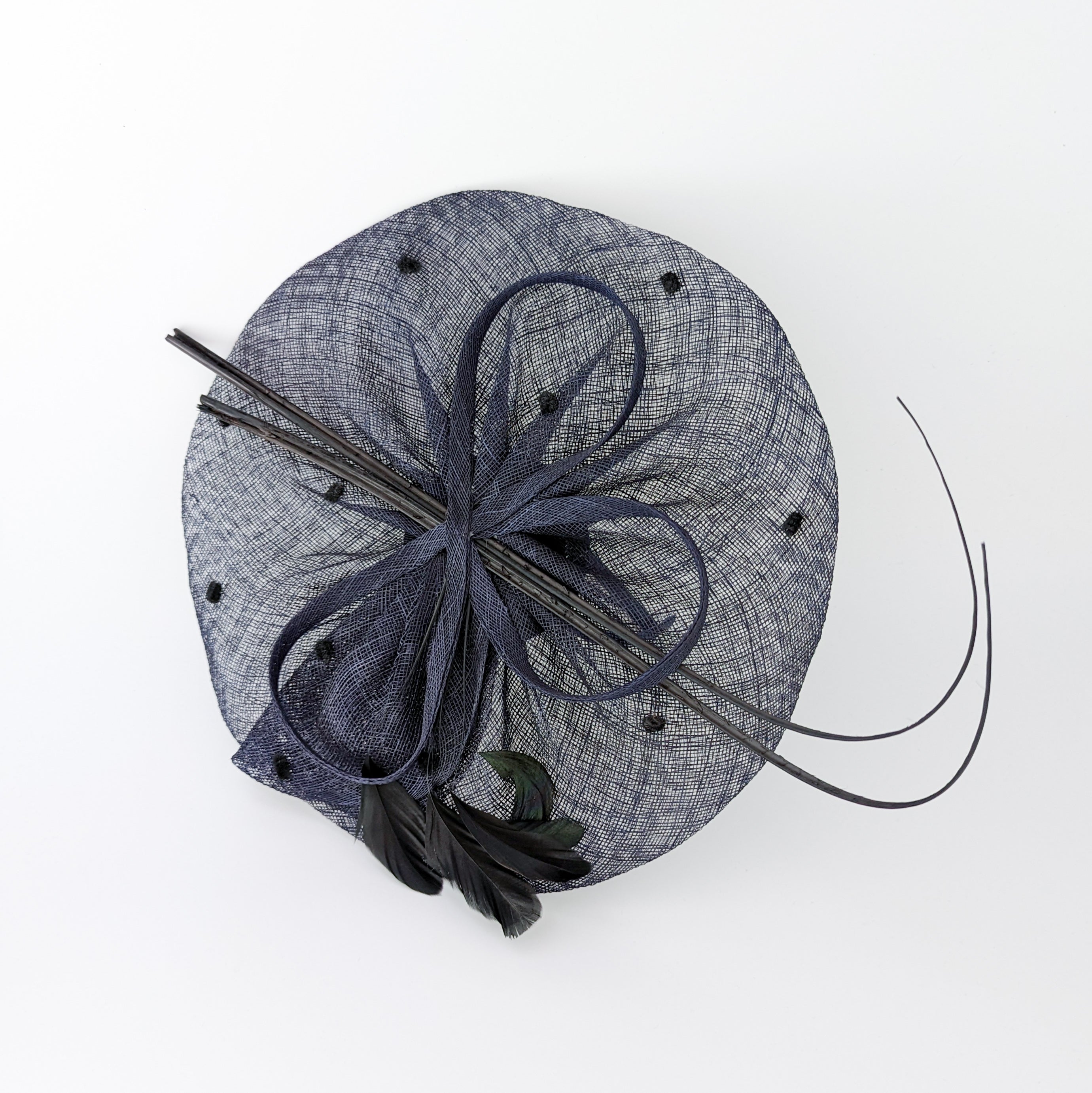 Navy blue large feather polka dot saucer disc fascinator hat Navy blue large feather polka dot saucer disc fascinator hat