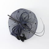 Navy blue large feather polka dot saucer disc fascinator hat Navy blue large feather polka dot saucer disc fascinator hat