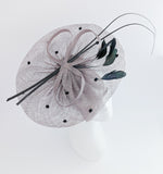 Grey large feather polka dot saucer disc fascinator hat