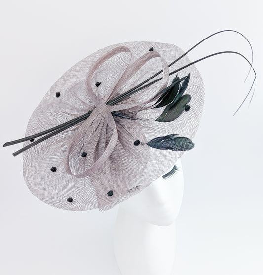Grey large feather polka dot saucer disc fascinator hat