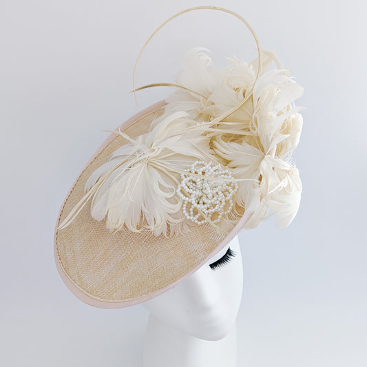 Beige peach feather pearl large saucer disc fascinator hat