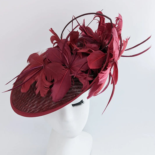 Burgundy feather large saucer disc fascinator hat House of Hats