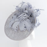 Grey feather large saucer disc fascinator hat