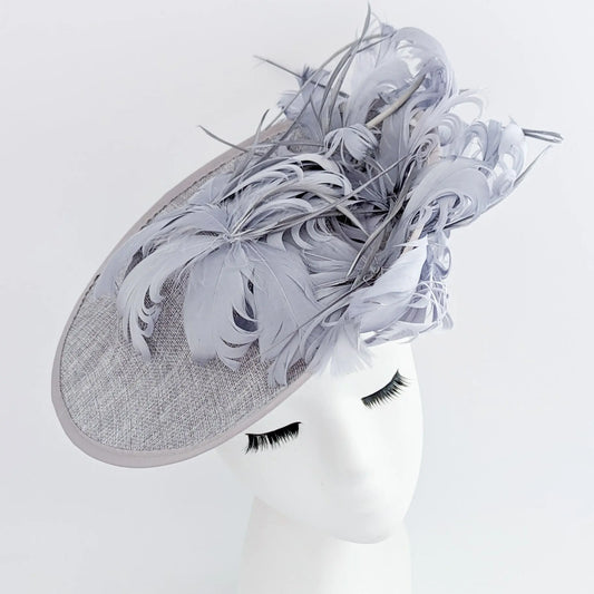 Grey feather large saucer disc fascinator hat House of Hats