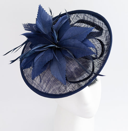 Navy blue feather disc saucer fascinator hat