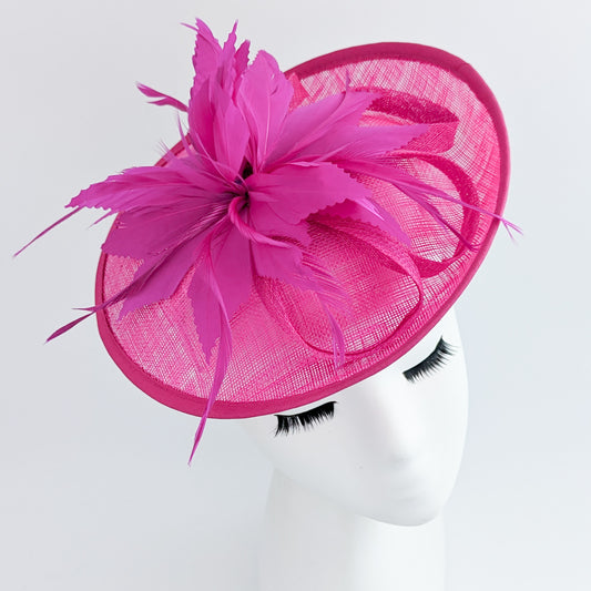 Fuchsia pink feather disc saucer fascinator hat