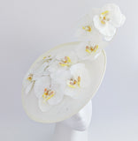 Cream large white orchid flower saucer disc fascinator hat