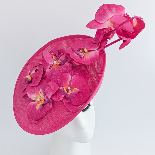 Fuchsia pink large orchid flower saucer disc fascinator hat