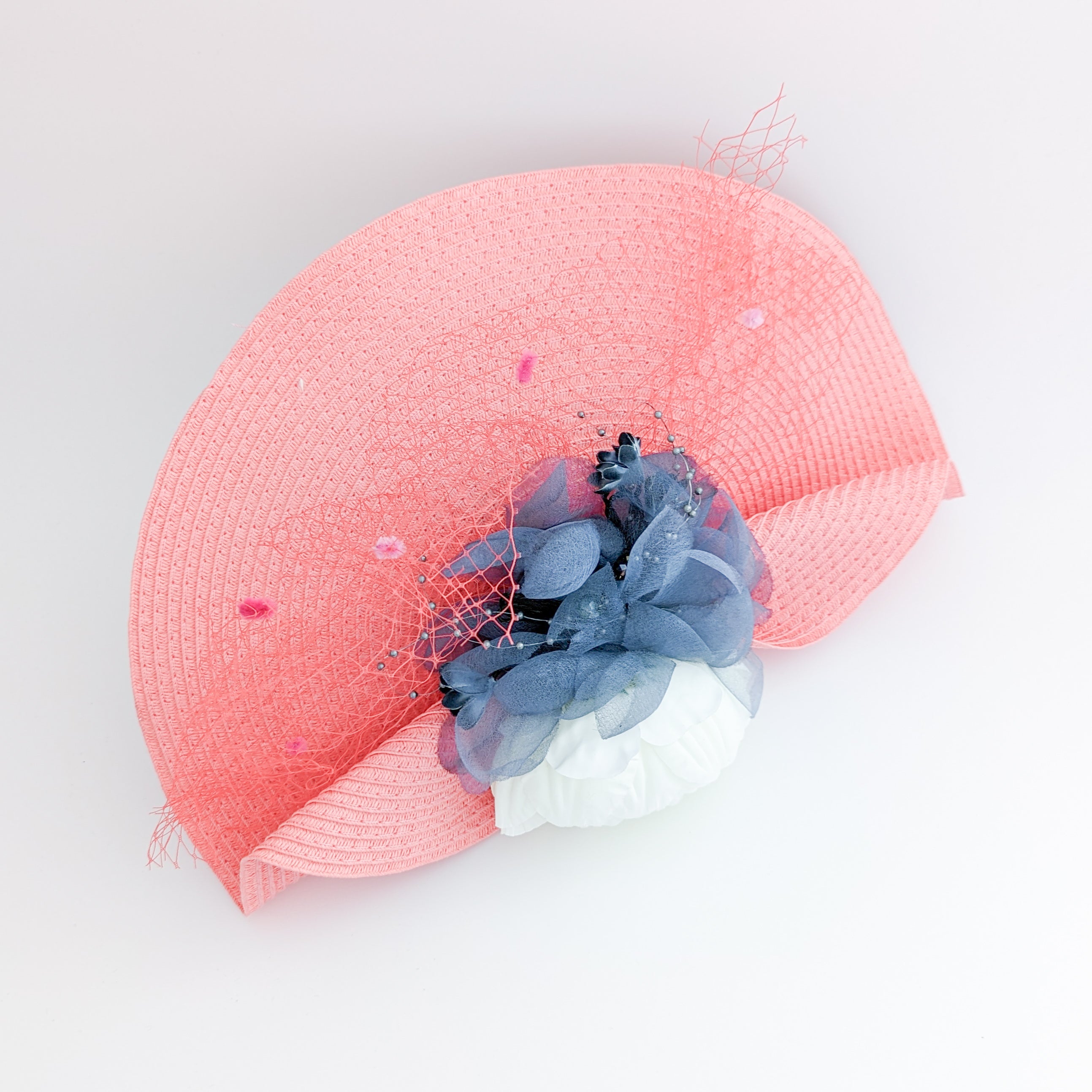Coral pink large woven straw flower fascinator hat