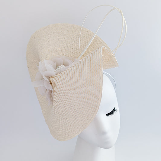 Pale peach large woven straw flower fascinator hat