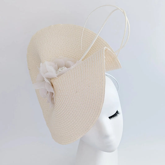Pale peach large woven straw flower fascinator hat House of Hats