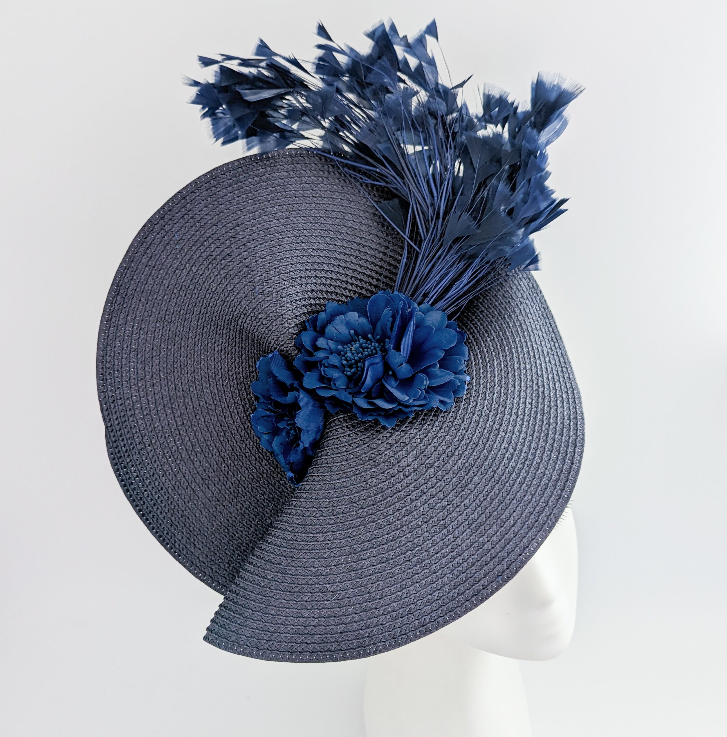 Navy blue large woven straw flower feather fascinator hat Navy blue large woven straw flower feather fascinator hat