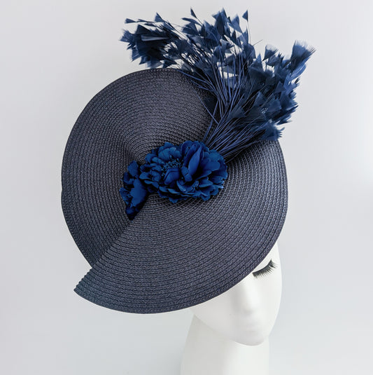 Navy blue large woven straw flower feather fascinator hat