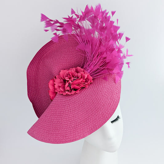 Fuchsia pink large woven straw flower feather fascinator hat