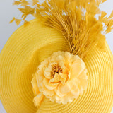 Yellow large woven straw flower feather fascinator hat Yellow large woven straw flower feather fascinator hat