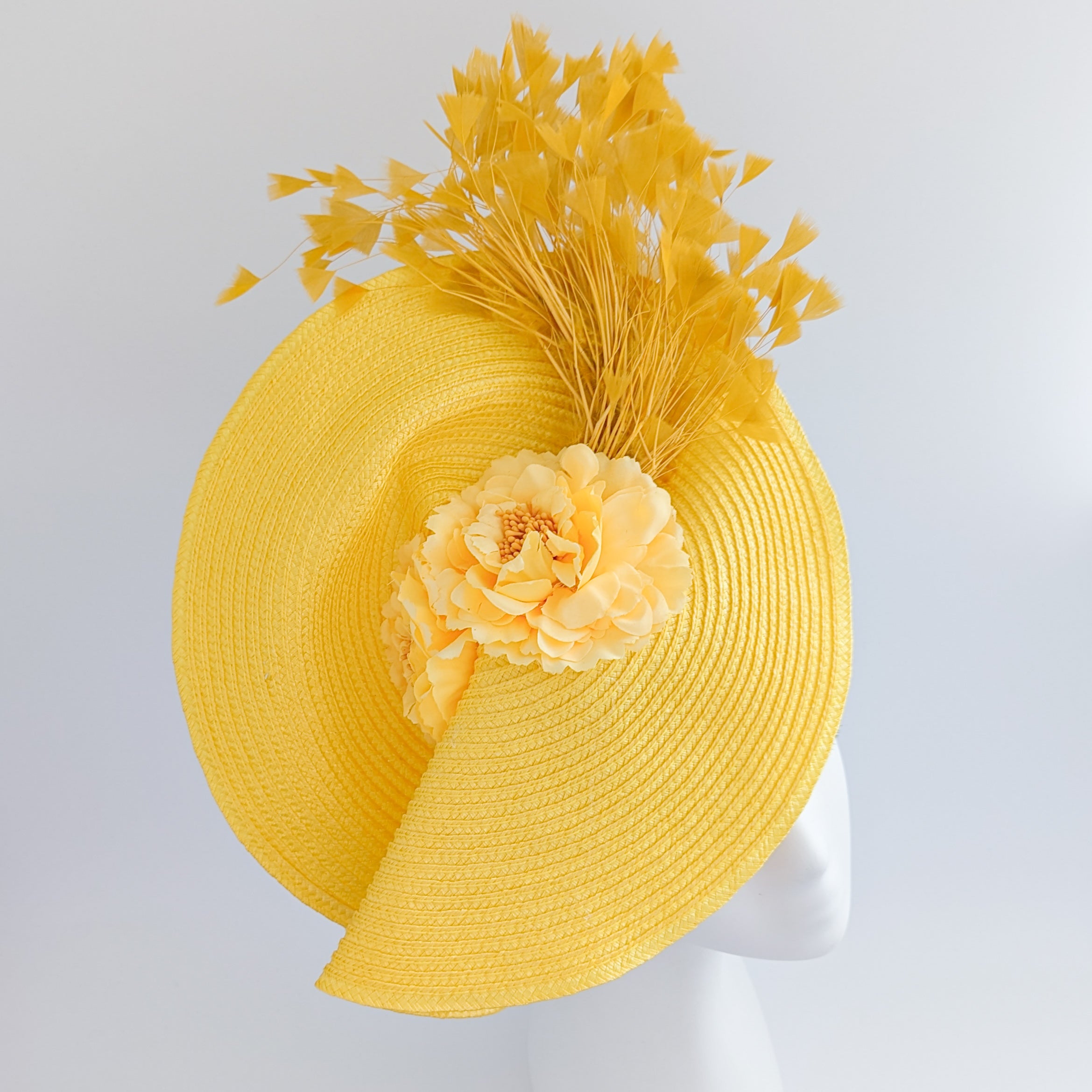 Yellow large woven straw flower feather fascinator hat Yellow large woven straw flower feather fascinator hat