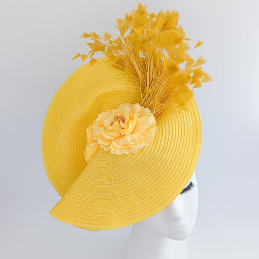 Yellow large woven straw flower feather fascinator hat