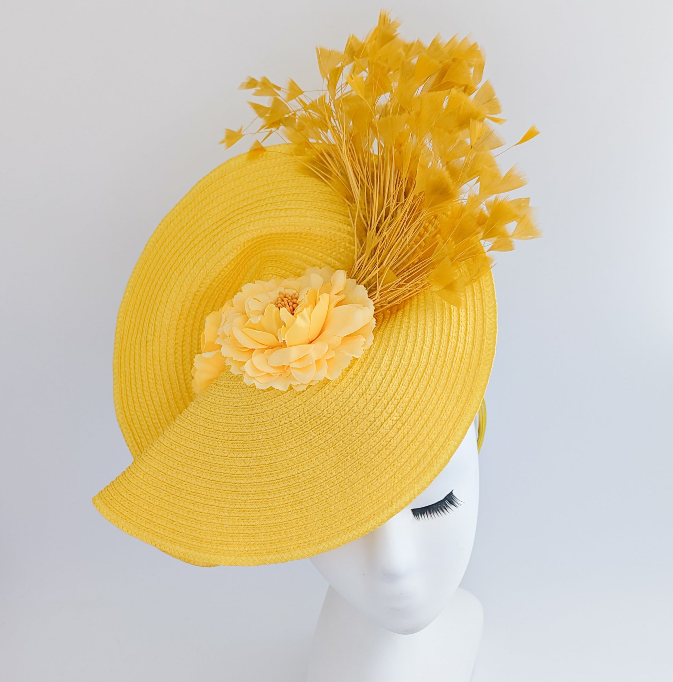 Yellow large woven straw flower feather fascinator hat Yellow large woven straw flower feather fascinator hat
