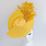 Yellow large woven straw flower feather fascinator hat