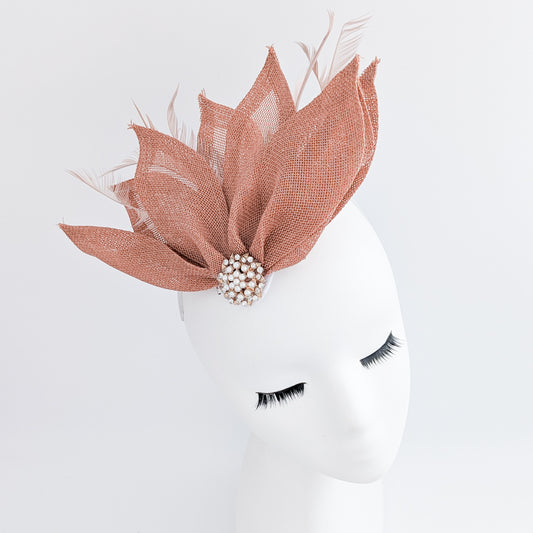 Terracotta dusty pink feather petal fan fascinator hat