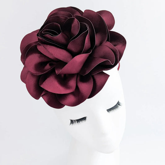 Large burgundy satin rose fascinator hat House of Hats