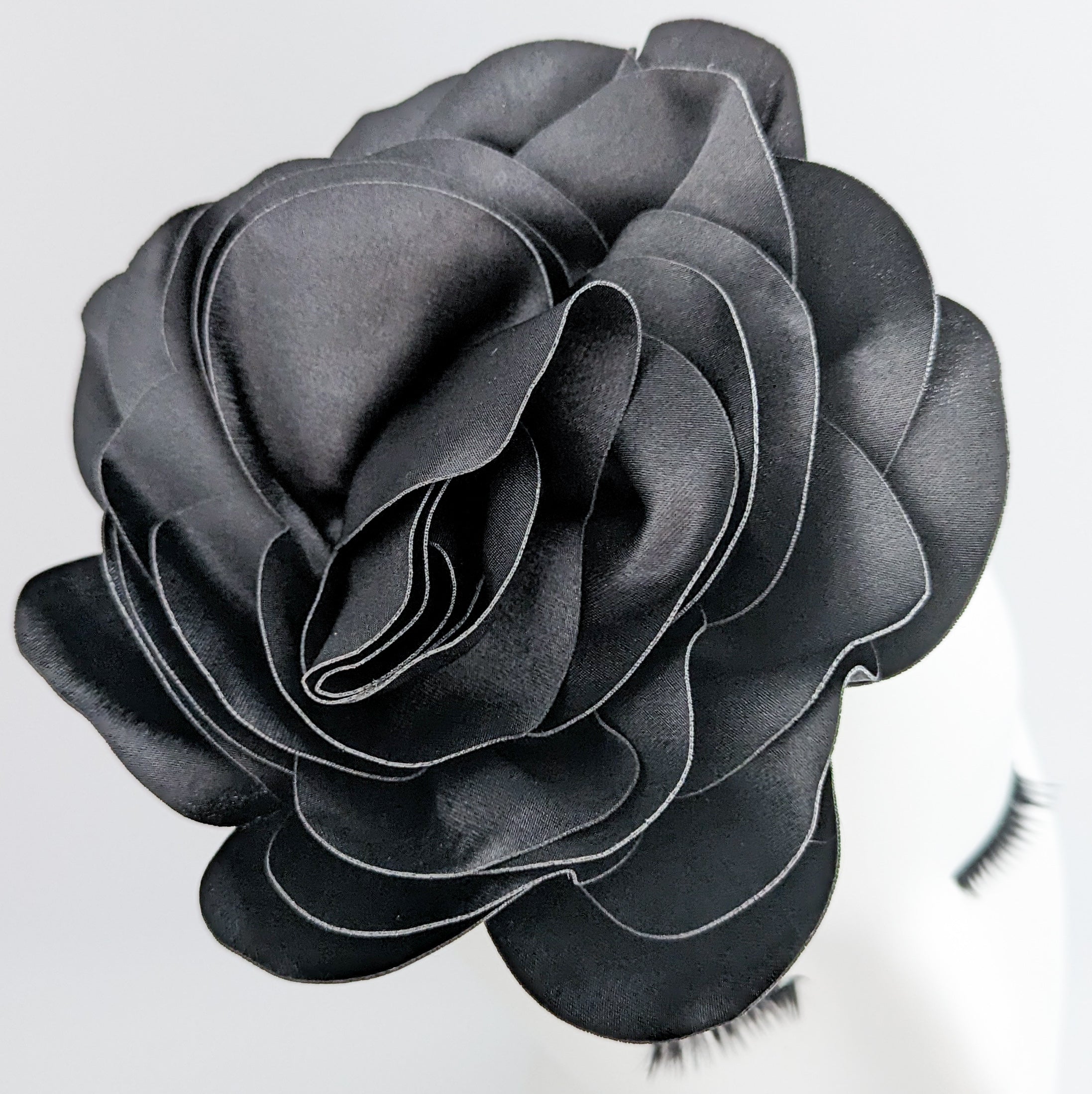 Large black satin rose fascinator hat Large black satin rose fascinator hat