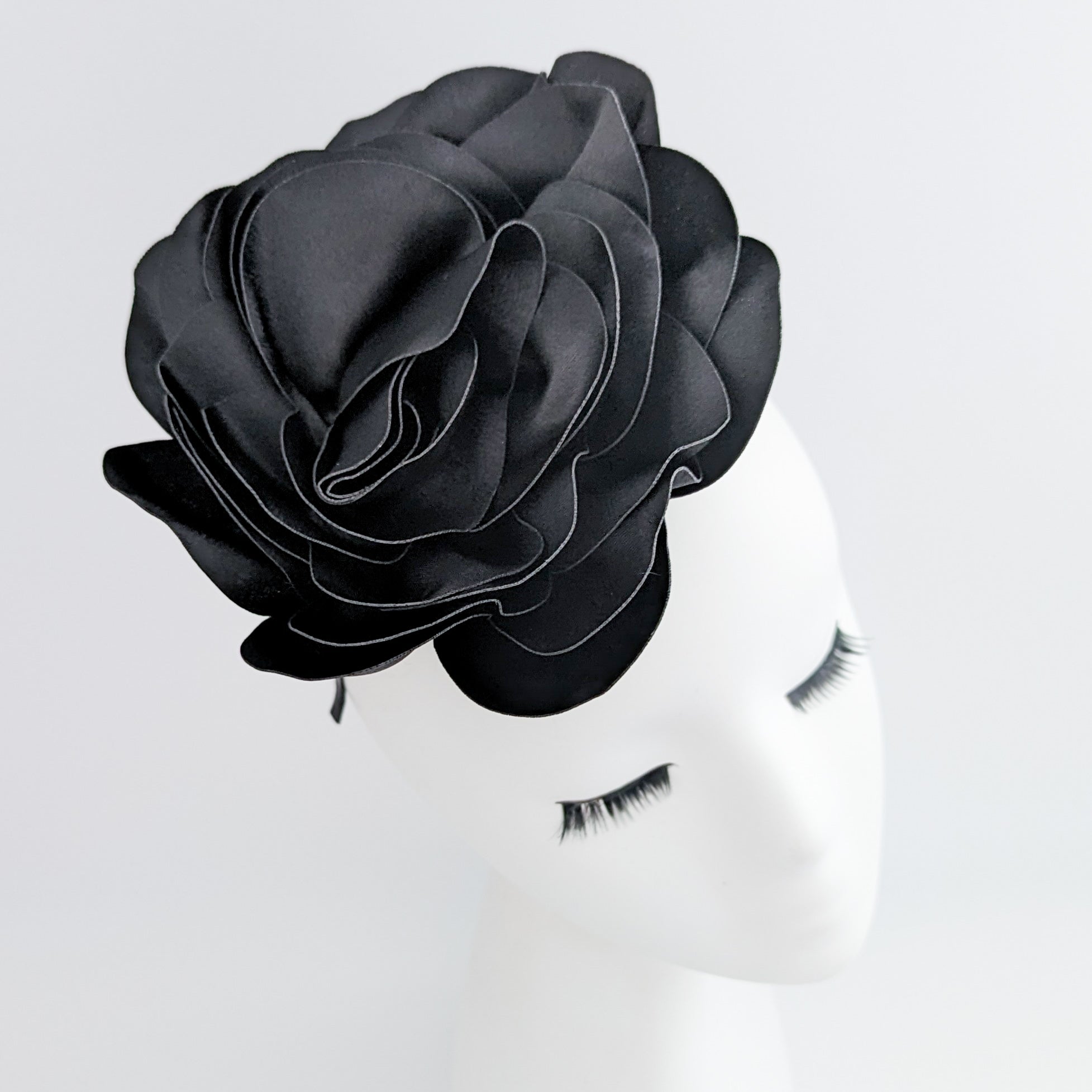 Large black satin rose fascinator hat Large black satin rose fascinator hat