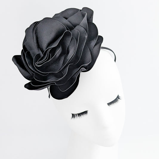 Large black satin rose fascinator hat